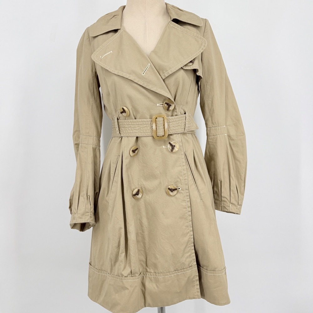 Plenty By Tracy Reese Double Breasted Trench Coat Belted Cotton Tan Raincoat 4